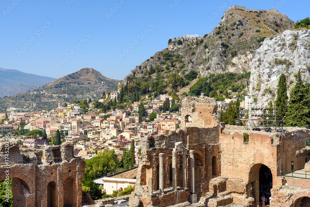 taormina and the ancient theater, sicily, italy