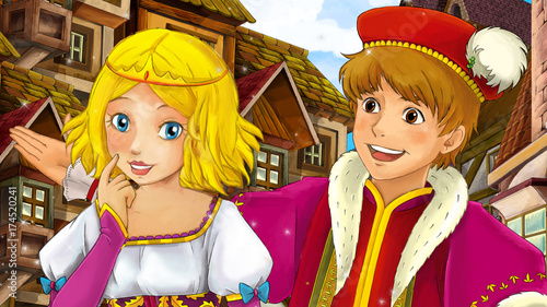 Cartoon scene of beautiful prince and princess in the old town - castle in the background - illustration for children