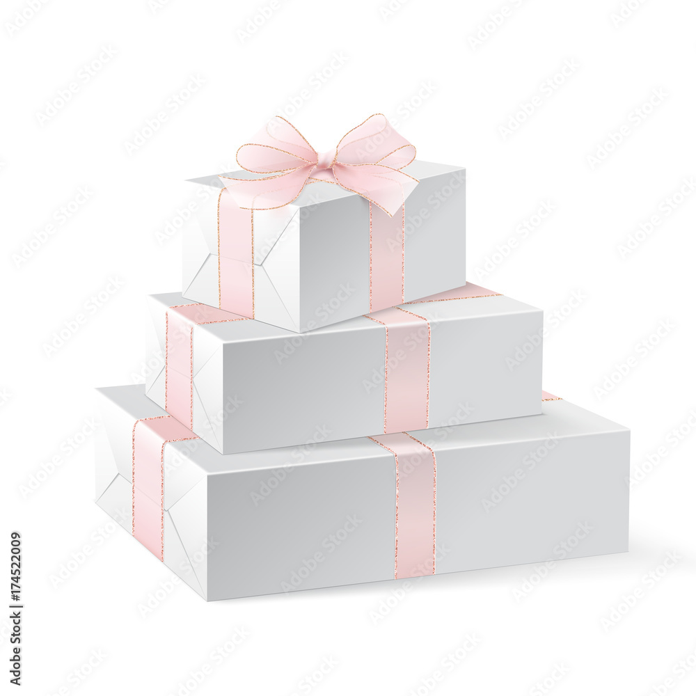 Stack of three realistic white gift boxes with pink ribbon and bow