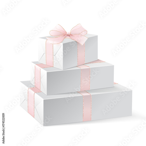 Stack of three realistic white gift boxes with pink ribbon and bow. Isolated on white background. Vector illustration. White blank wrapping paper for your pattern design. Mock up. Christmas gifts.