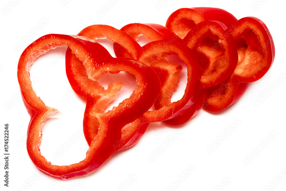 Red sweet bell pepper slices isolated on white background Red sweet bell pepper slices isolated on white background
