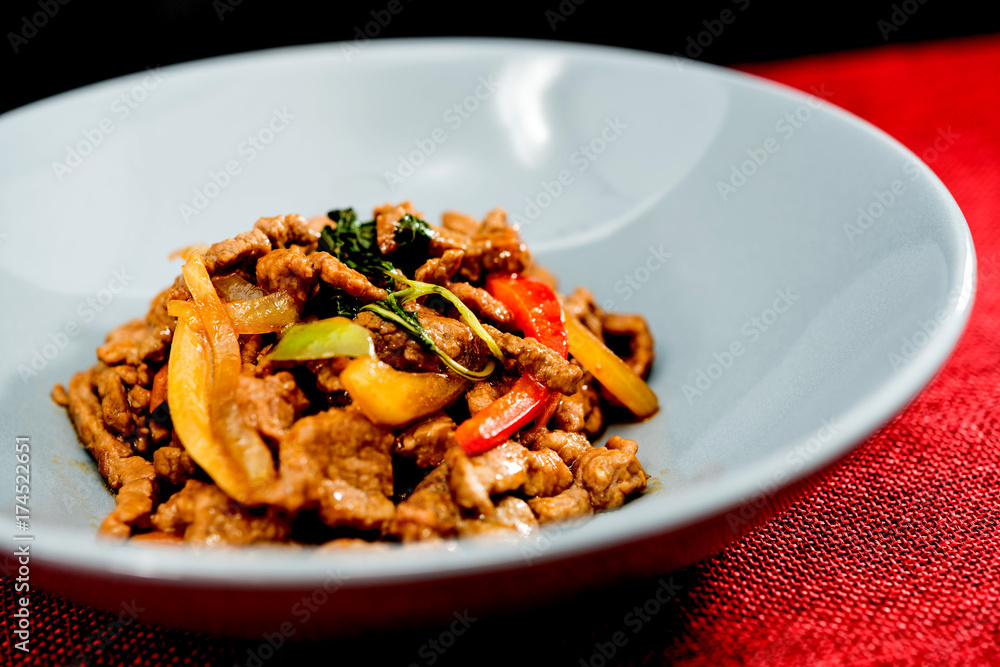 wok fried chicken stir fry with sweet peppers and chinese vegetables wok fried chicken stir fry with sweet peppers and chinese vegetables
