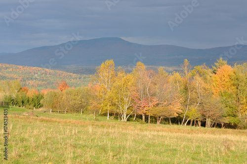 Vermont Fall Foliage, Mount Mansfield in the background, Vermont, USA.