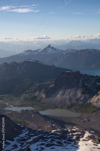 Beautiful aerial view of the Canadian Landscape in the famous location, Garibaldi Provincial Park. Located near Squamish and Whistler, North of Vancouver, British Columbia, Canada. 