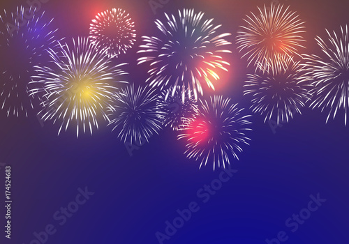 Brightly Colorful Fireworks on twilight background