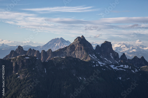 Aerial landscape view of the beautiful mountains near Squamish, North of Vancouver, British Columbia, Canada. 