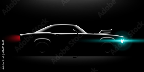 realistic classic car coupe with a supercharger side view lighting in the dark