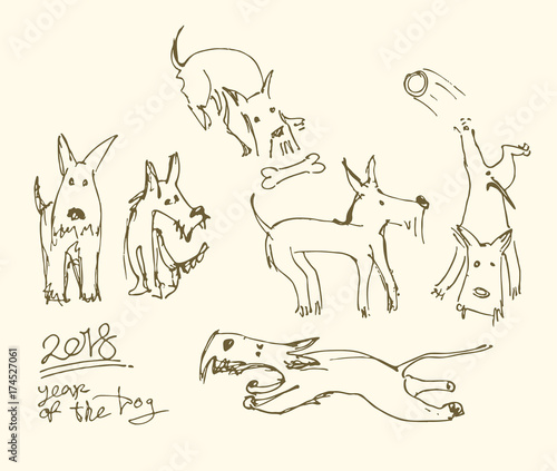 Little frolicking dogs. Outline illustration of a 2018 year of the dog.