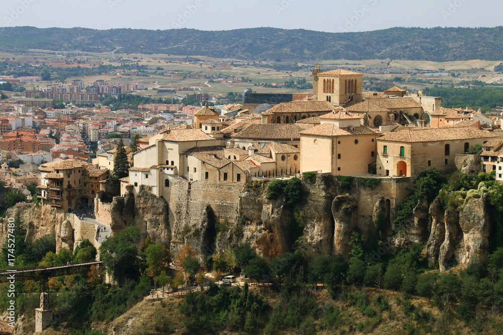 Panoramic view of the city of Cuenca, Spain, with its famous Casas Colgadas (Hanging Houses)