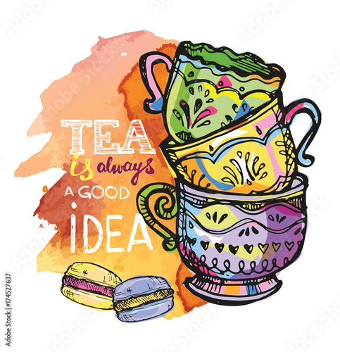Hand drawn tea time collection. Cup and teapot. Vector illustration.
