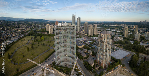 Aerial view of a residential highrise construction site near Brentwood, Burnaby, Vancouver City, BC, Canada. 