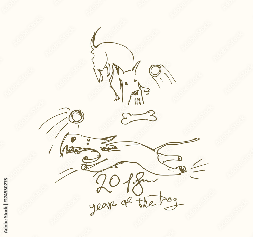 Fototapeta premium Two funny little Terriers frolic. Outline illustration of a 2018 year of the dog. 