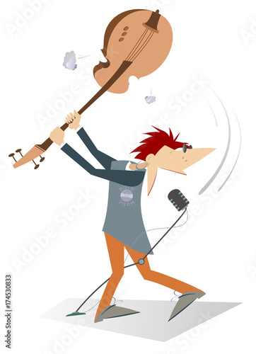 Cartoon guitarist is playing music and singing isolated. Cartoon guitarist brandishes guitar under the head and sings with great inspiration
