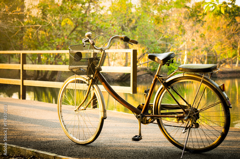 A bicycle / bike on bridge with sunlight and green tree in park outdoor for background