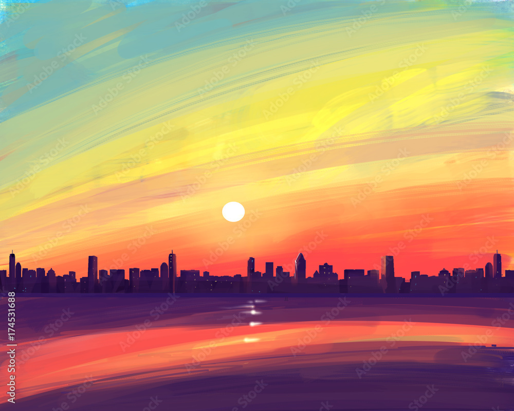 Illustration of the sunset in the city. Digital painting. Illustration of the sunset in the city. Digital painting.
