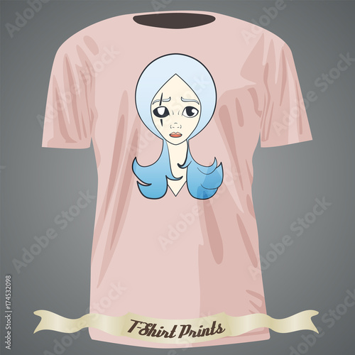 t-shirt design with Cartoon of sad girl with scar and white eye
