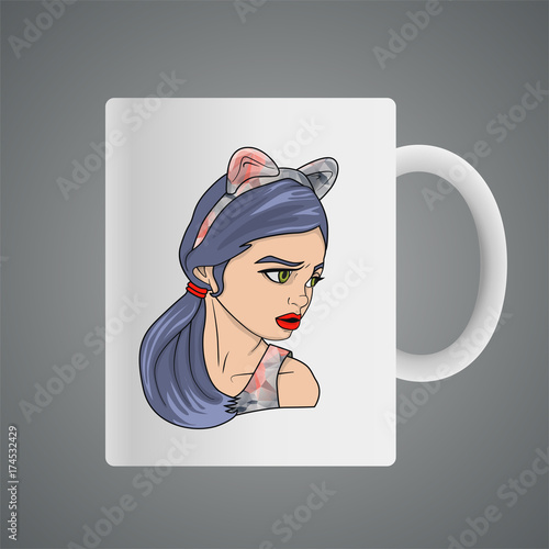 Cup design with Cartoon of a girl with ponytail and colorful cat ears