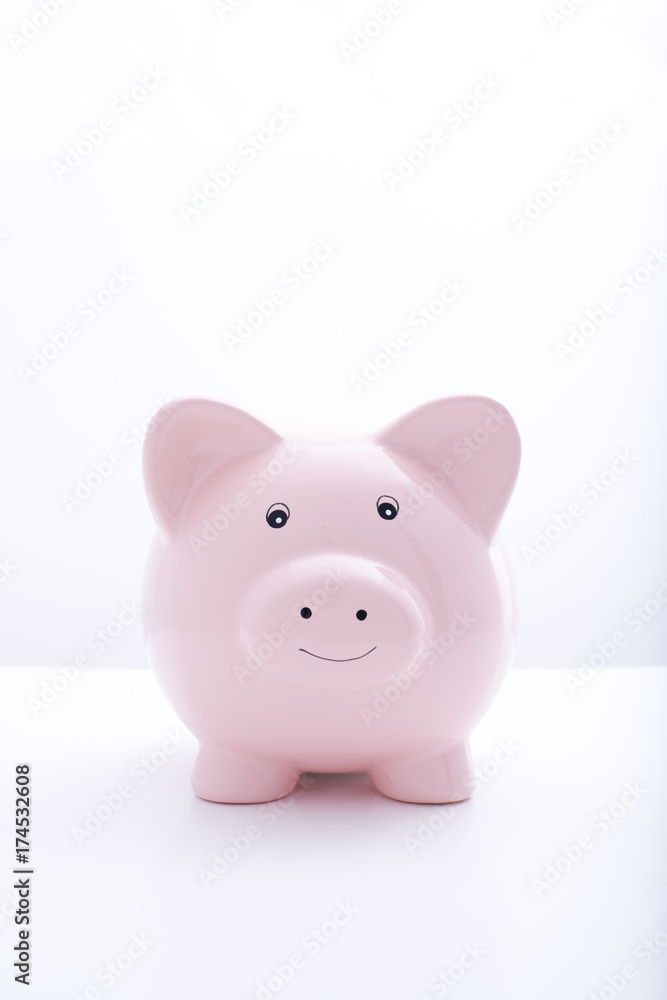 Front on shot of a pink ceramic pig bank