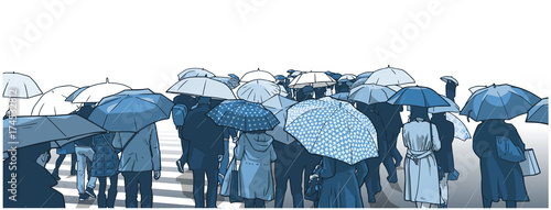 Illustration of crowd of people waiting at street crossing in the rain with rain coats and umbrellas in blue tones