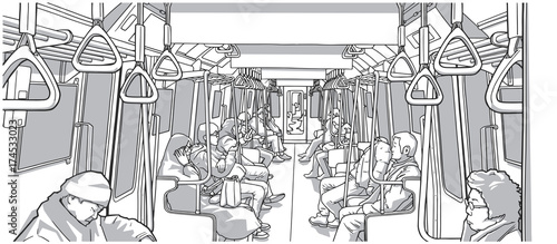 Illustration of people using public transport; train, subway, metro