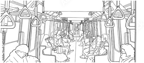 Illustration of people using public transport; train, subway, metro