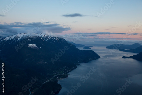 Howe Sound after cloudy sunset. Taken from an Aerial Perspective North of Vancouver  BC  Canada.