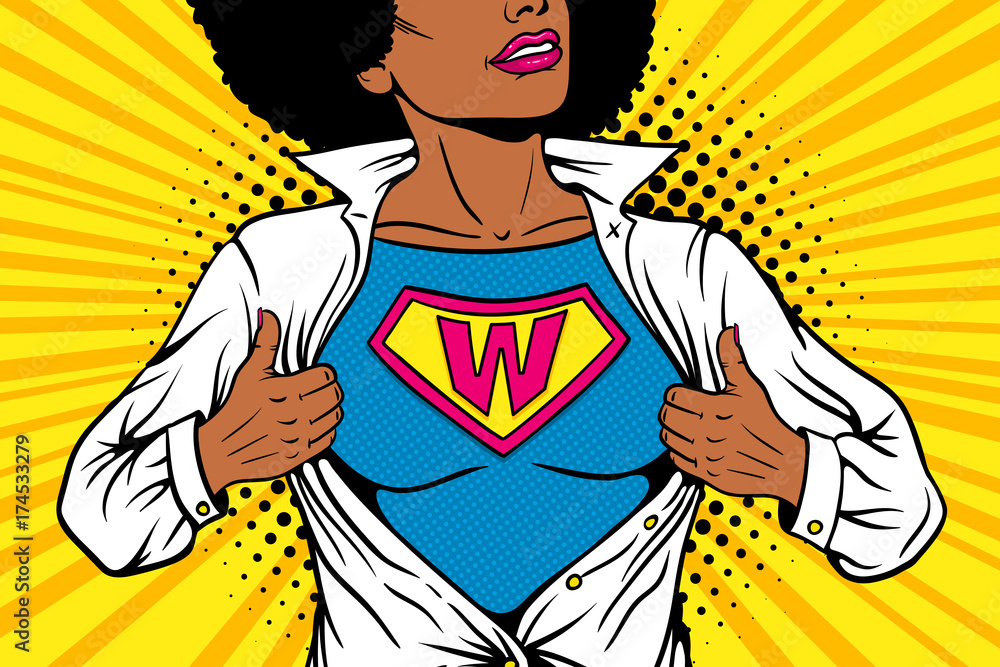Pop art female superhero. Young sexy afro american woman dressed in white  jacket shows superhero t-