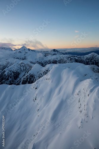 Surreal Aerial Landscape View of mountains around Tantalus Range near Squamish, North of Vancouver, British Columbia, Canada.