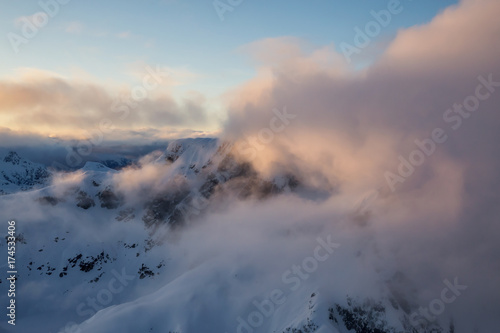 Surreal Aerial Landscape View of mountains around Tantalus Range near Squamish, North of Vancouver, British Columbia, Canada.
