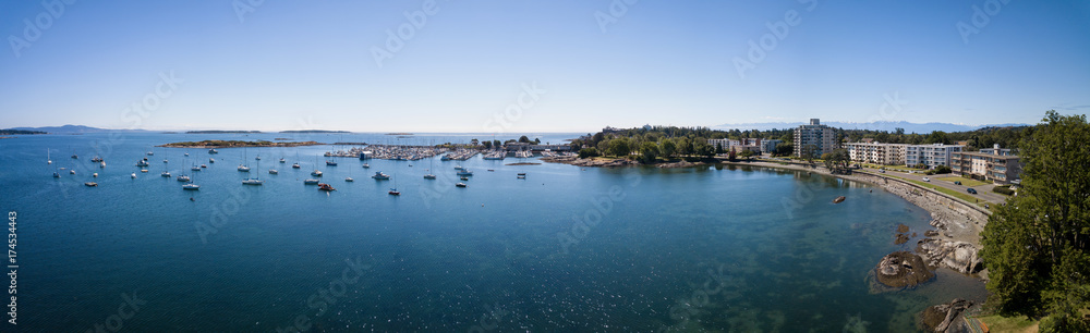Aerial panoramic landscape view of a beautiful rocky shore on Pacific Coast. Taken in Victoria, Vancouver Island, British Columbia, Canada.