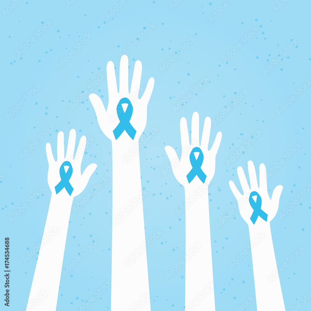 Hands with blue prostate cancer awareness ribbon.
