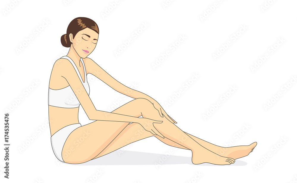 Full body of beautiful woman applying moisturizer cream on arm skin. Skin care concept