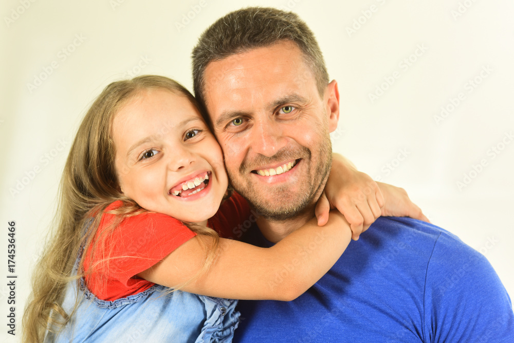 Girl and man with happy smiling faces on white background Girl and man with happy smiling faces on white background