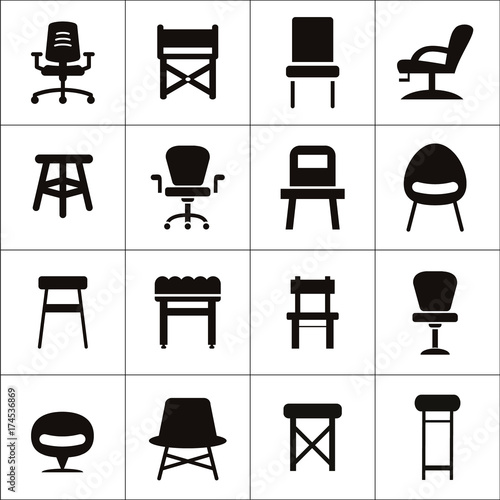 Variety of different style chairs isolated flat vector icons