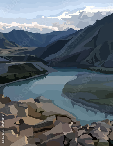 painted background view of a mountain valley with a river