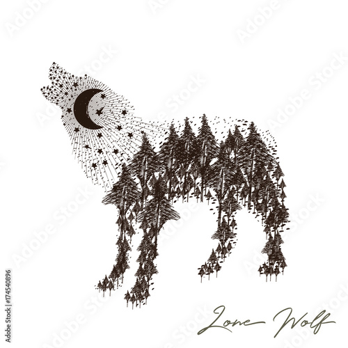 The lone wolf double exposure style drawing