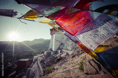 Fototapeta Prayer tibetan flags near the Namgyal Tsemo Monastery in Leh, Ladakh