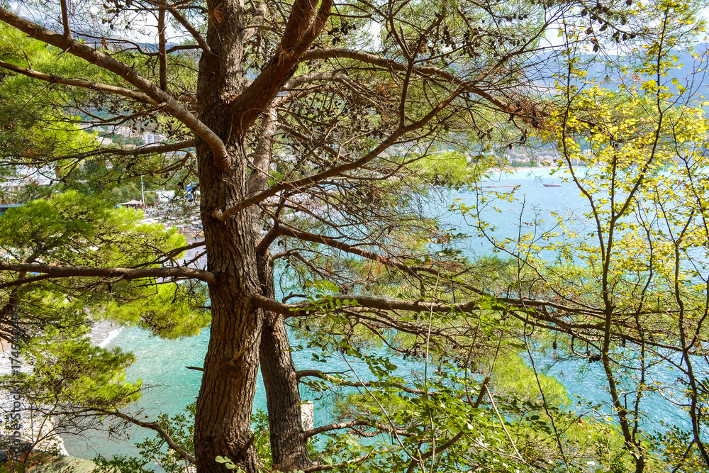 Sea view of turquoise color from the mountain, Montenegro. The Budva Riviera. Becici Sea view of turquoise color from the mountain, Montenegro. The Budva Riviera. Becici