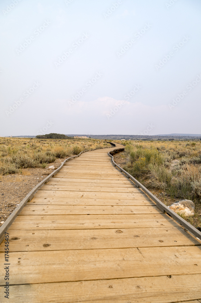 A wooden path leading to Mono Lake in California 