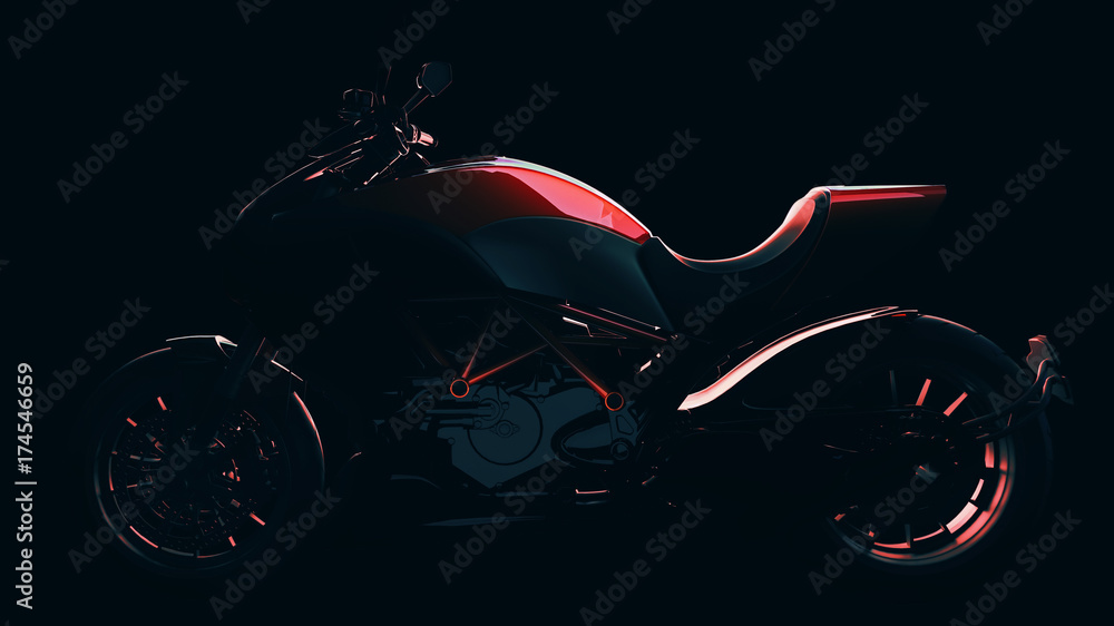 Naklejka premium Czerwony motocykl z czarnym tłem. Renderowania 3D i ilustracji.