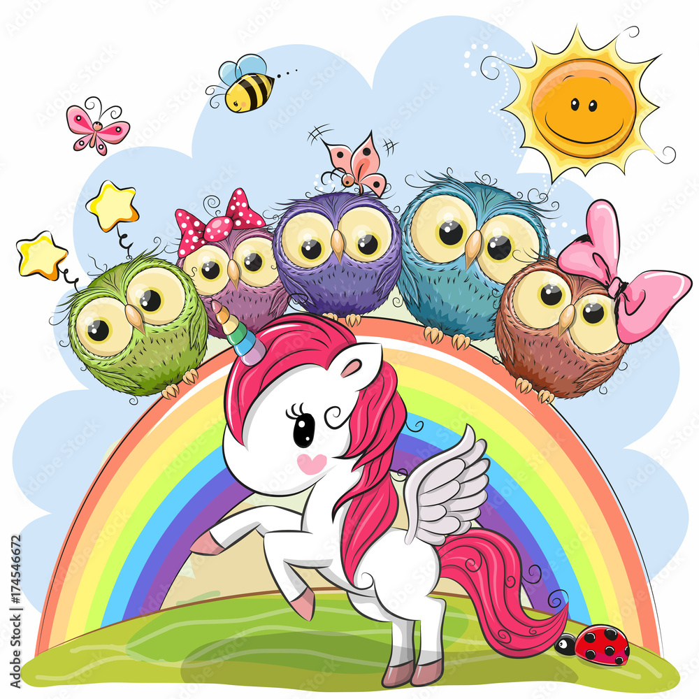 Obraz premium Cartoon Unicorn and Five Cute Owls