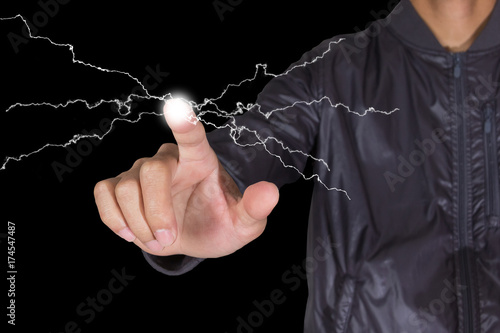 electric stoke icon at forefinger of hand male