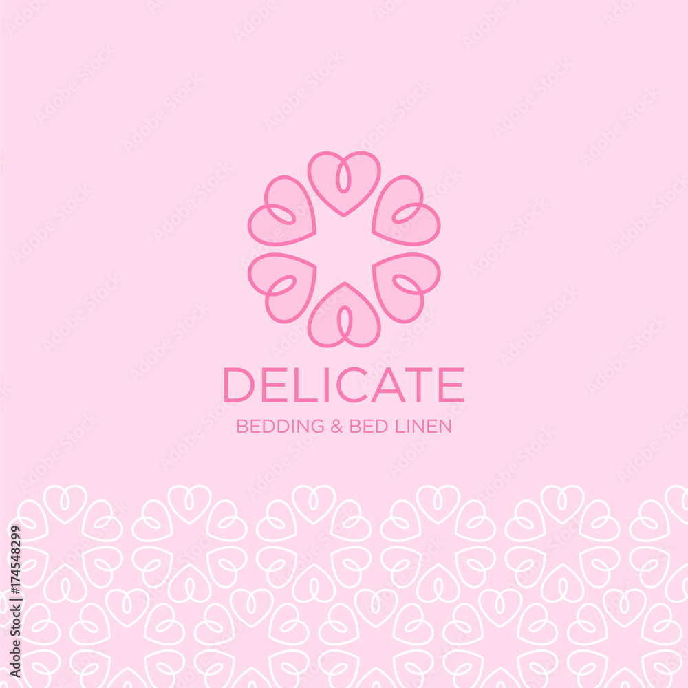 Bedding and bed linen‎ logo. Abstract pink flower of hearts as ornament.