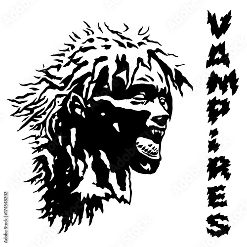 Evil screaming vampire woman head. Vector illustration.