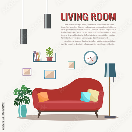Living room interior with furniture. Flat design.