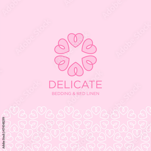 Bedding and bed linen‎ logo. Abstract pink flower of hearts as ornament. © Nataly