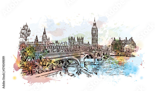 Watercolor sketch of Big Ben London, UK (United Kingdom, England) in vector illustration.