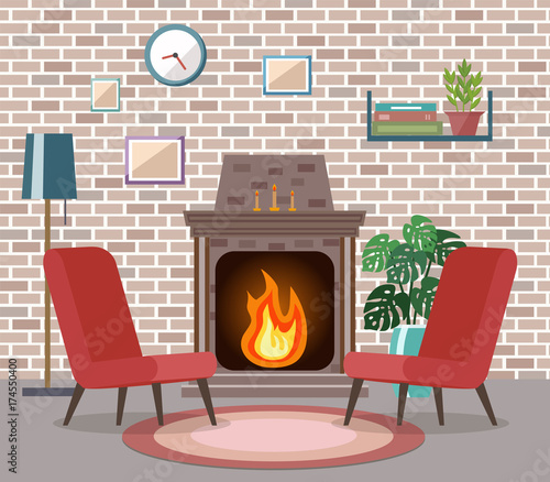 Cozy living room interior with furniture and fireplace. Flat design.