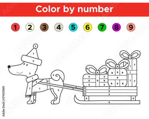 Color by number for preschool and school kids. Christmas coloring page with funny cartoon dog. Vector illustration.