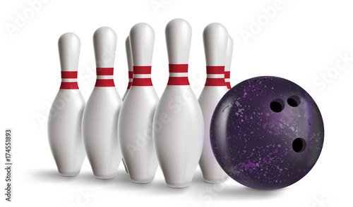 bowling pin with violet ball isolated on white with gradient